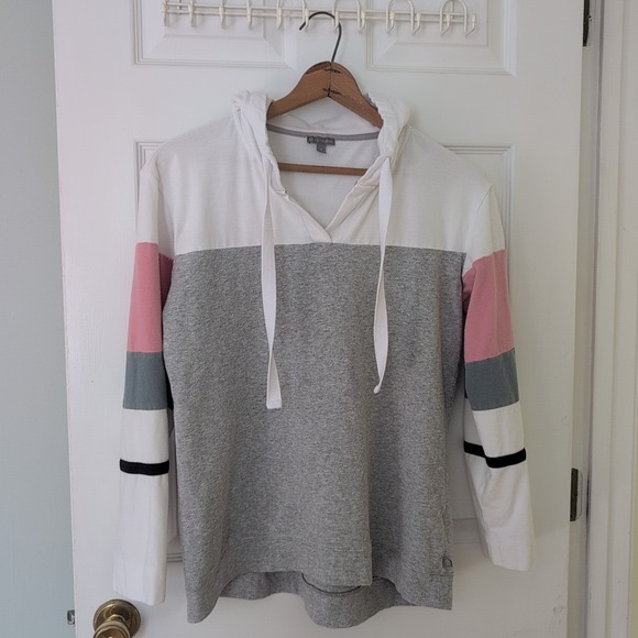 T by Talbots Hoodie Women's Med 95% Cotton White Gray Pink Long Sleeve Lightwght - Picture 2 of 10